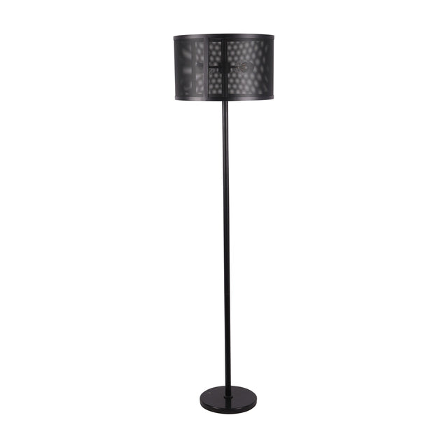 Libra Interiors Mesh Shade Iron Floor Lamp in black, featuring a perforated drum shade on a slim stem and round base, shown on a plain background.
