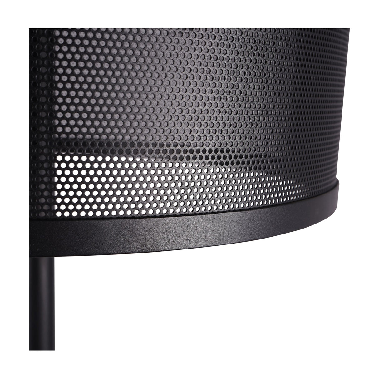 Close-up of the Libra Interiors Mesh Shade Iron Floor Lamp in black, showing the perforated drum shade base and slim stem.