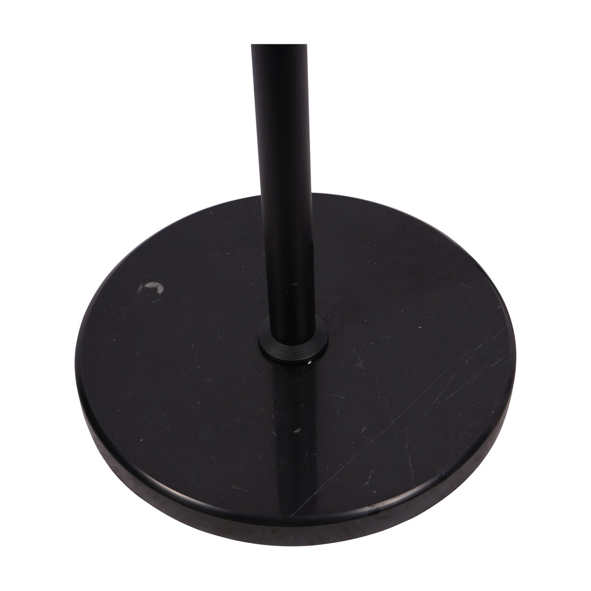 Close-up of the Libra Interiors Mesh Shade Iron Floor Lamp base, showing the round black marble-look disc and slim black stem on a white background.