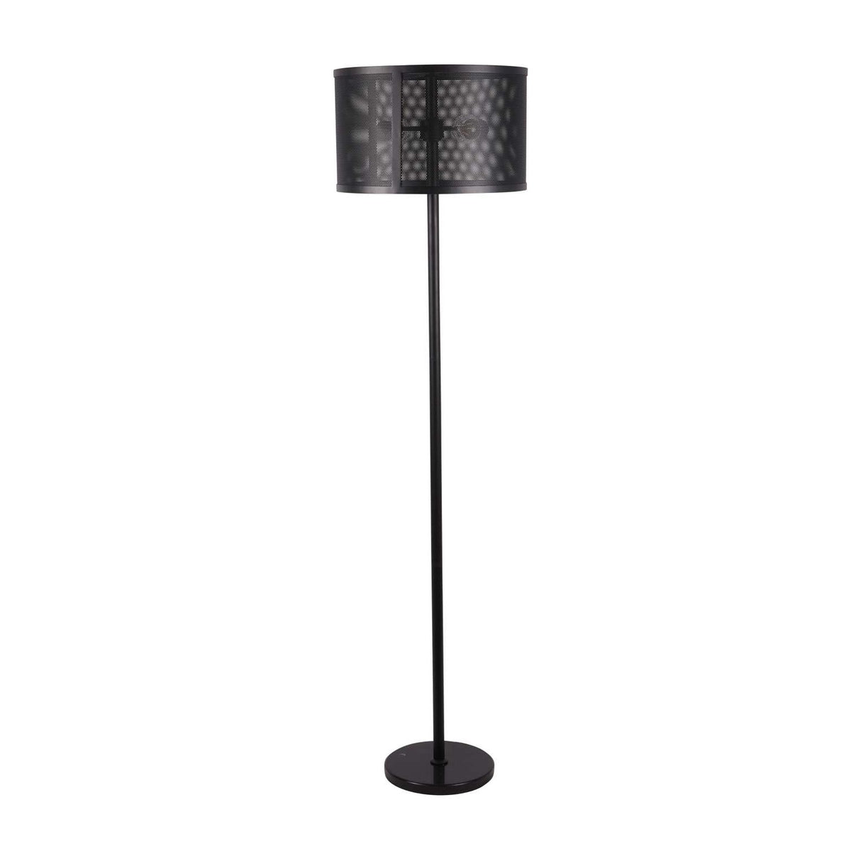 Libra Interiors Mesh Shade Iron Floor Lamp in black, featuring a perforated drum shade on a slim stem with a round weighted base, on a white background.