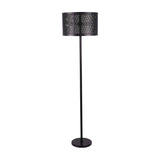 Libra Interiors Mesh Shade Iron Floor Lamp in black, featuring a perforated drum shade on a slim stem with a round weighted base, on a white background.