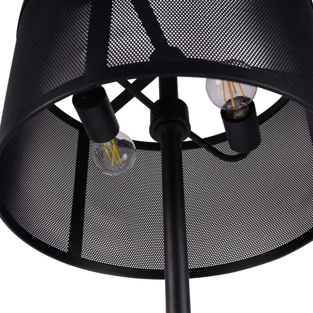 Close-up of the Libra Interiors Mesh Shade Iron Floor Lamp in black, showing two exposed filament bulbs inside the perforated drum shade and central stem.