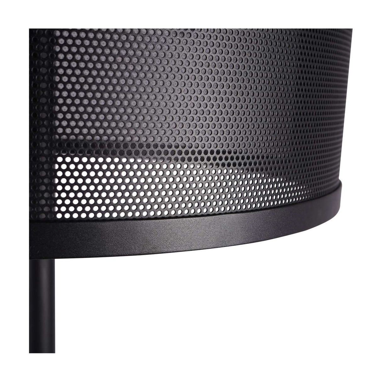 Close-up of the Libra Interiors Mesh Shade Iron Floor Lamp in black, showing the perforated drum shade base and slim upright stem.