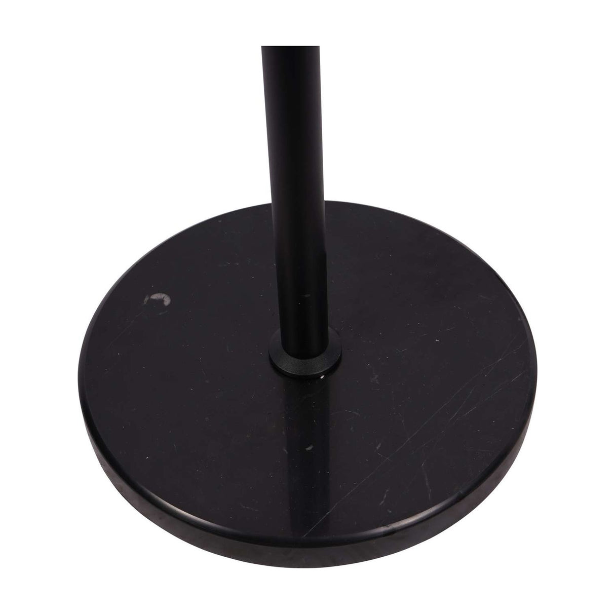 Close-up of the Libra Interiors Mesh Shade Iron Floor Lamp base, showing the black circular marble-effect base and slim upright stem.