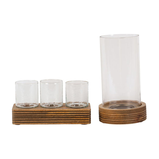 Libra Interiors Glass & Ribbed Wood Candle Holder set with three votive glasses on a rectangular base and a tall hurricane glass on a rounded grooved base.
