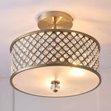 Endon Prescott 3 light crystal flush ceiling light in antique brass, with a drum frame of diamond-set crystals and a frosted glass diffuser.