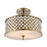 Endon Prescott 3 light crystal flush ceiling light in antique brass with a drum-shaped lattice frame, crystal detailing and frosted glass diffuser.