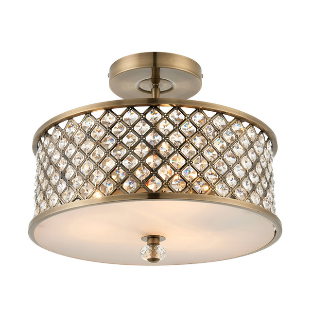 Endon Prescott 3 light crystal flush ceiling light in antique brass with a drum-shaped lattice frame, crystal detailing and frosted glass diffuser.