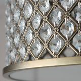 Close-up of Endon Prescott 3 Light Crystal Flush Ceiling Light showing the antique brass lattice frame set with faceted crystals above the curved rim.