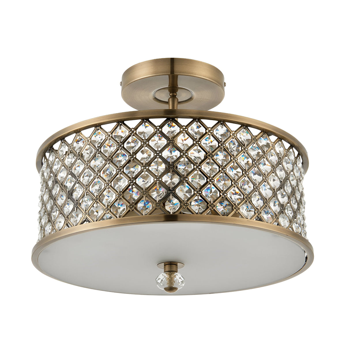 Endon Prescott 3 light crystal flush ceiling light in antique brass with a round drum frame, crystal detailing and frosted glass diffuser.