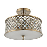 Endon Prescott 3 light crystal flush ceiling light in antique brass with a round drum frame, crystal detailing and frosted glass diffuser.