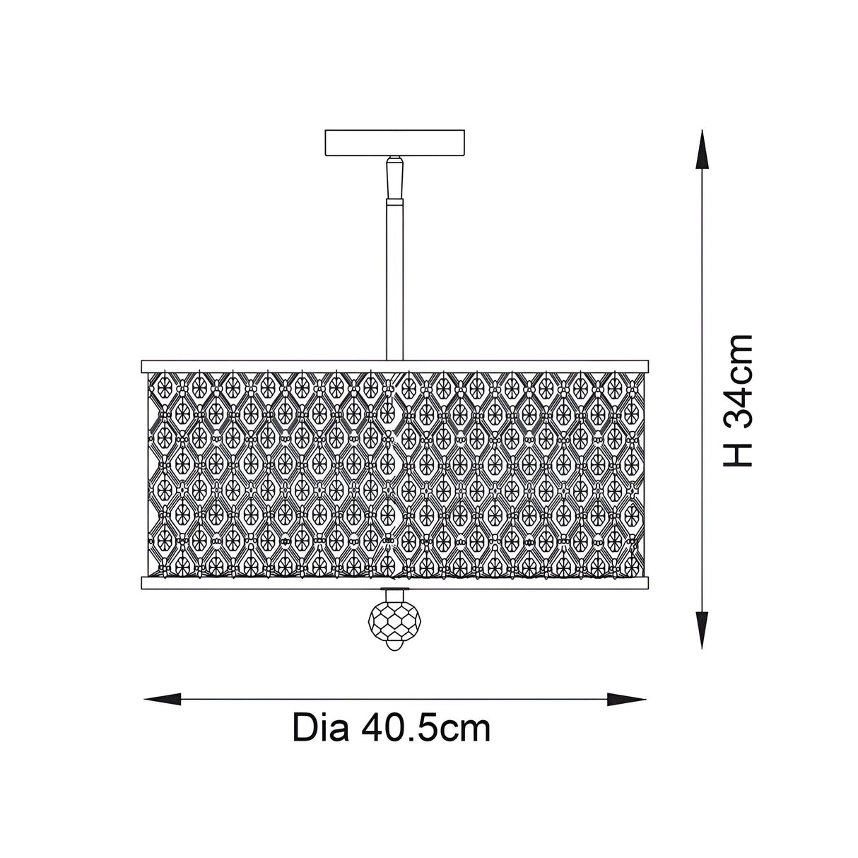Dimension diagram of the Endon Prescott 3 Light Crystal Flush Ceiling Light in antique brass, showing 40.5cm diameter and 34cm height.