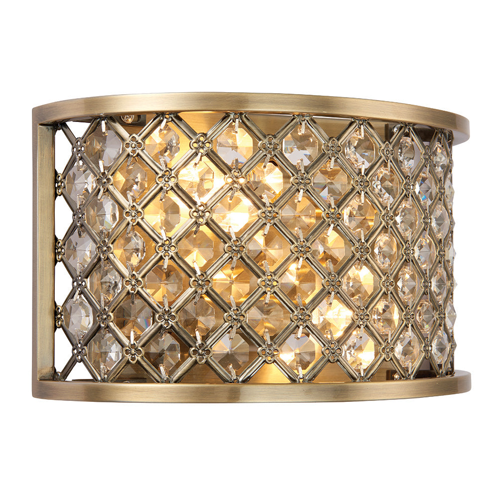 Endon Prescott 2-light wall fitting in antique brass with a curved steel frame dressed in clear crystal beads in a diamond lattice pattern.