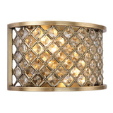 Endon Prescott 2-light wall fitting in antique brass with a curved steel frame dressed in clear crystal beads in a diamond lattice pattern.