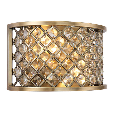 Endon Prescott 2-light wall fitting in antique brass with a curved steel frame dressed in clear crystal beads in a diamond lattice pattern.