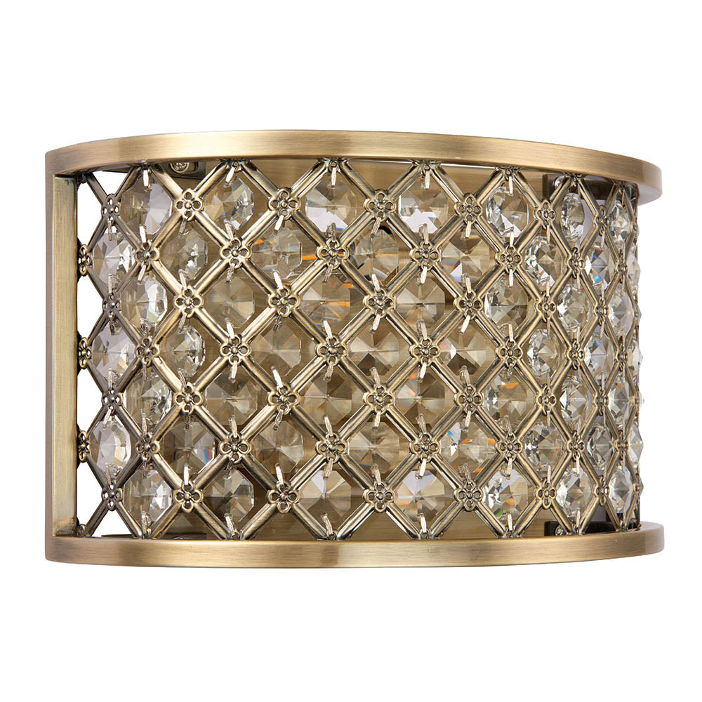 Endon Prescott two-light wall fitting in antique brass, with a low-profile drum steel frame set with clear crystal beads in a diamond lattice pattern.