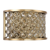 Endon Prescott two-light wall fitting in antique brass, with a low-profile drum steel frame set with clear crystal beads in a diamond lattice pattern.