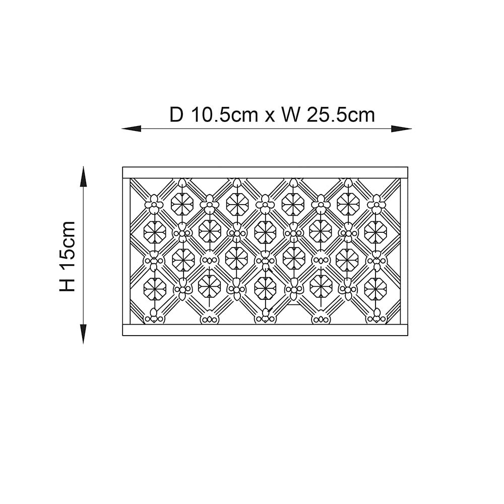 Endon Prescott two-light wall fitting dimension diagram showing H 15cm and D 10.5cm x W 25.5cm on a plain white background.