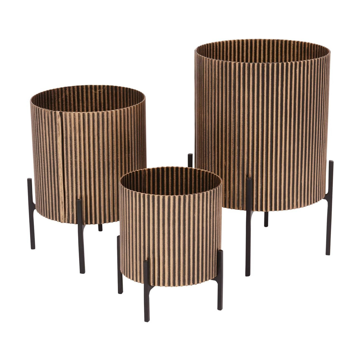 Libra Interiors Ribbed Iron Set of 3 Footed Planters in antique gold with ebony shading, graduated cylindrical pots on slim black metal legs.