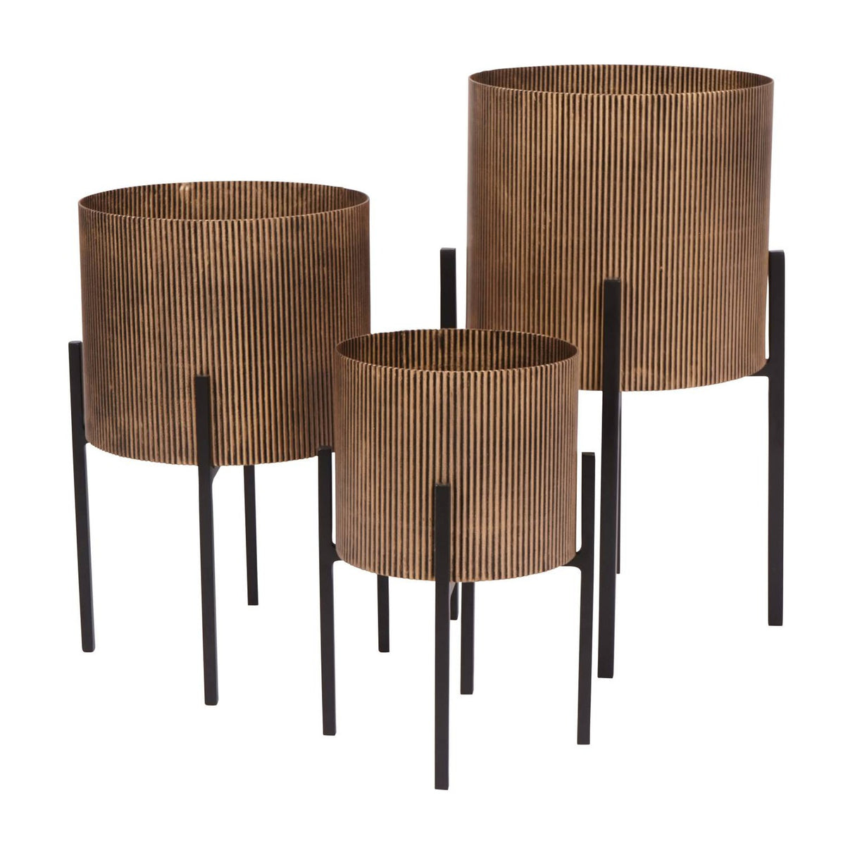 Libra Interiors Ribbed Iron Set of 3 Standing Planters in antique gold, cylindrical fluted bodies on tapered black iron legs, shown on a white background.