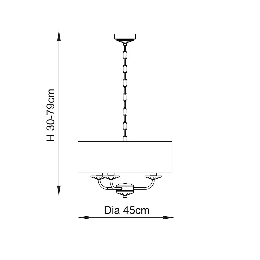 Endon Castdon 3 light pendant dimension diagram showing 45cm diameter and adjustable 30-79cm height, with drum shade and three arms on a chain suspension.