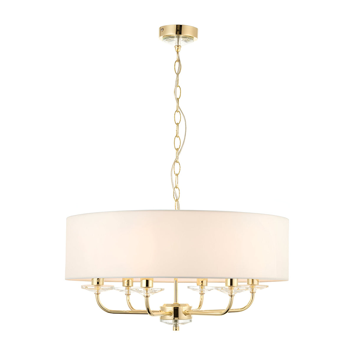 Endon Castdon 6 light pendant with brass arms, K9 crystal bobeches and a large white faux silk drum shade on chain suspension.