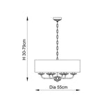 Dimension diagram of the Endon Castdon 6 Light Pendant showing 55cm diameter and adjustable 30-79cm height on a plain white background.