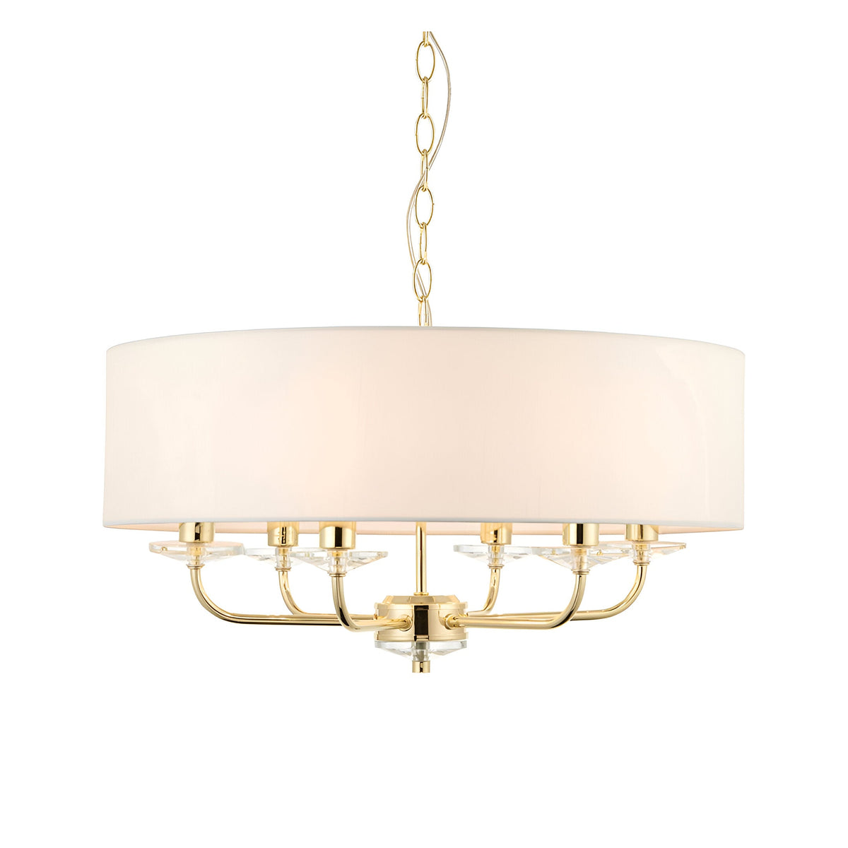 Endon Castdon 6 light pendant in brass with a large white faux silk drum shade, crystal bobeche details, and chain suspension on a white background.