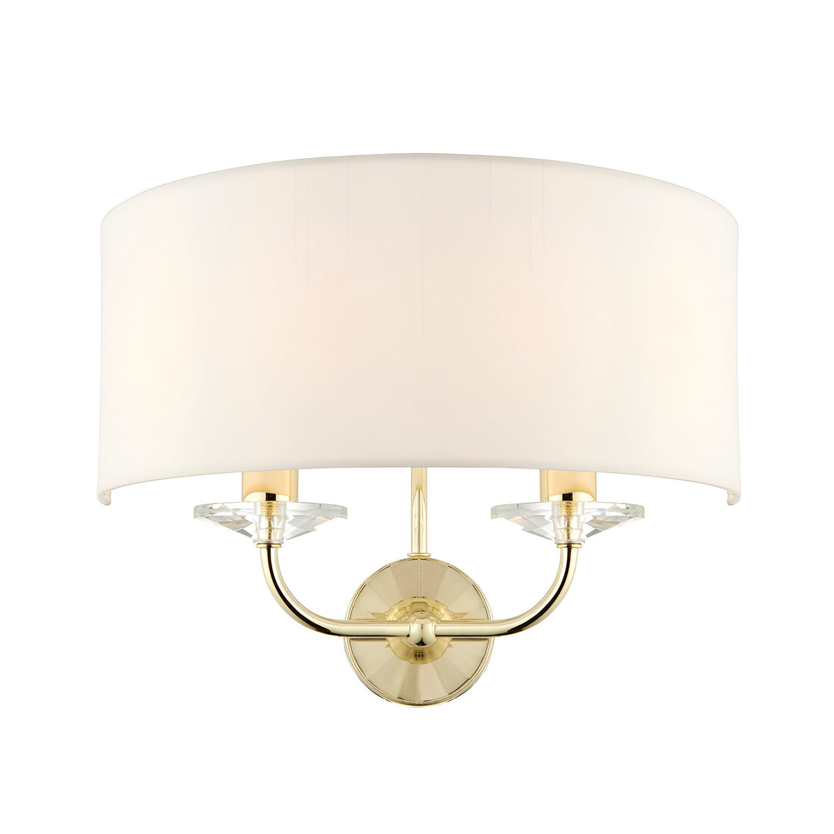 Endon Castdon 2 light wall fitting with a vintage white faux silk semi-circular shade, brass plated arms and crystal detailing on a plain background.