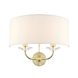 Endon Castdon 2 light wall fitting with a vintage white faux silk semi-circular shade, brass plated arms and crystal detailing on a plain background.