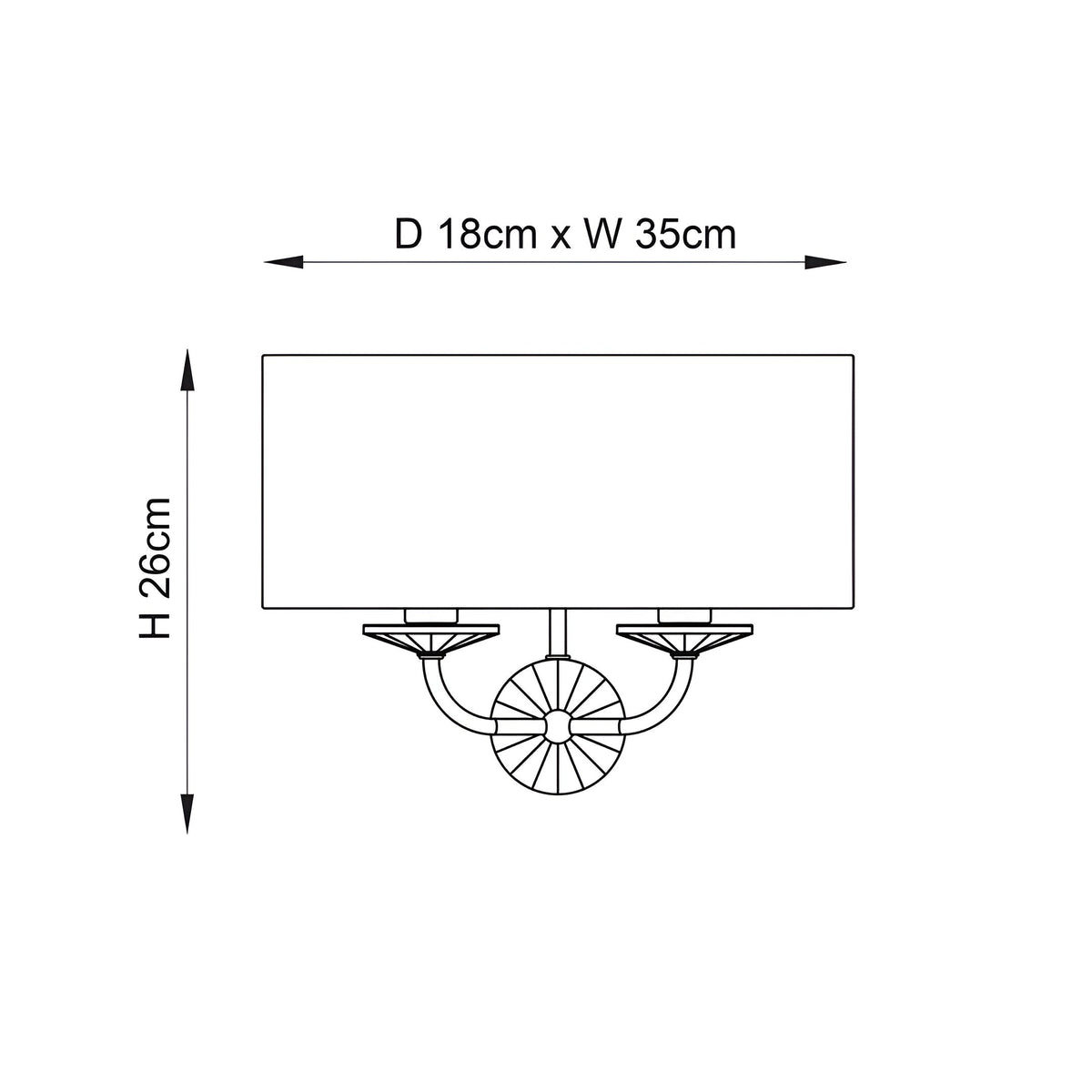 Dimensions diagram for Endon Castdon 2 light wall light showing 26cm height, 35cm width and 18cm projection on a white background.