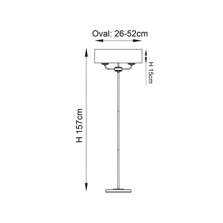 Dimension diagram of Endon Castdon 2 light floor lamp showing 157cm height, 15cm shade height and 26-52cm oval shade width on white background.