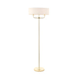 Endon Castdon 2 light floor lamp with slim brass frame, K9 crystal detailing and oval white faux silk shade, on a plain white background.