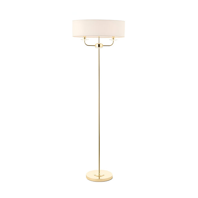 Endon Castdon 2 light floor lamp with slim brass frame, K9 crystal detailing and oval white faux silk shade, on a plain white background.