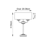 Line drawing of the Castdon 2 Light Table Lamp in brass, showing a rectangular white shade, twin arms and round base with labelled dimensions.
