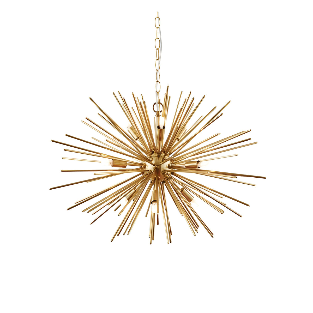Merrick 9 Light Sputnik Pendant in satin brass, star-burst arrangement of metal rods on a chain suspension, shown against a plain white background.