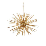 Merrick 9 Light Sputnik Pendant in satin brass, star-burst arrangement of metal rods on a chain suspension, shown against a plain white background.