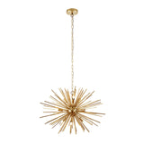 Merrick 9 Light Sputnik Pendant in satin brass, a star-burst arrangement of radiating metal rods on an adjustable chain, shown against a plain white background.