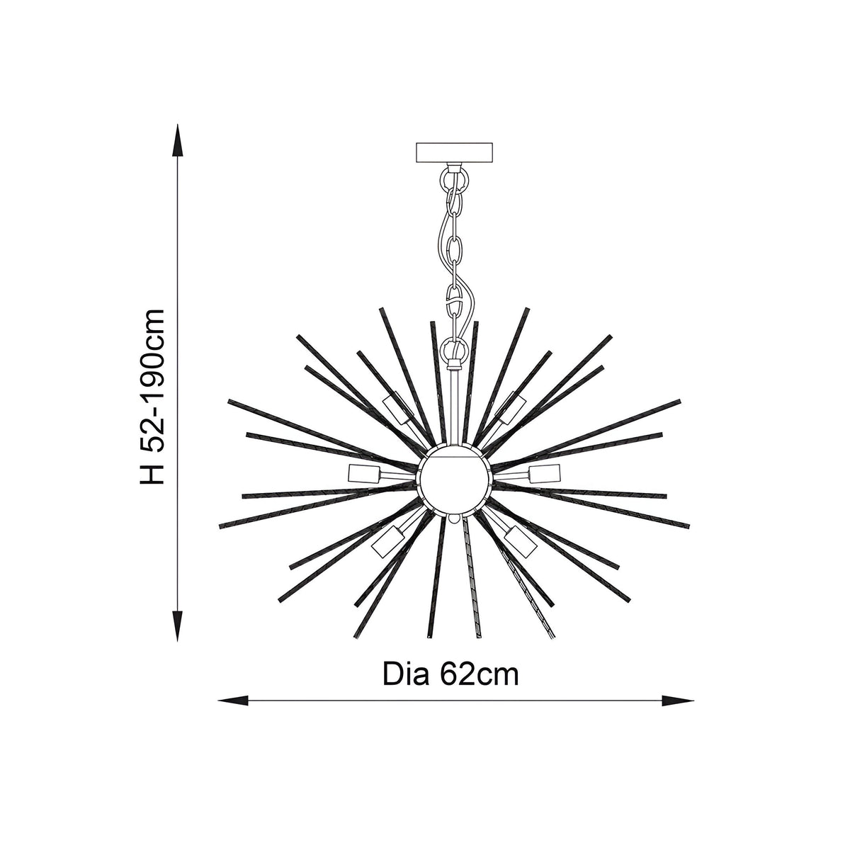 Line drawing of the Merrick 9 Light Sputnik Pendant in satin brass, showing star-burst rod design, height-adjustable chain, and dimensions: 62cm diameter, 52-190cm height.