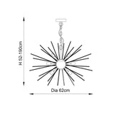 Line drawing of the Merrick 9 Light Sputnik Pendant in satin brass, showing star-burst rod design, height-adjustable chain, and dimensions: 62cm diameter, 52-190cm height.