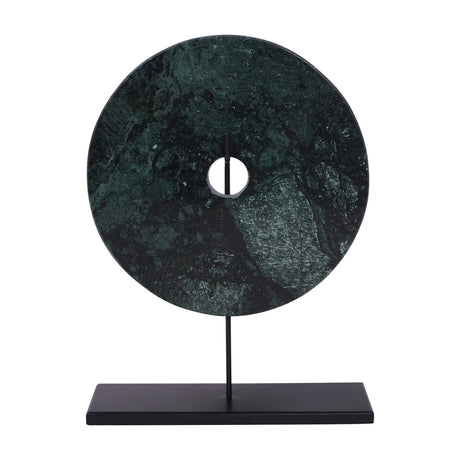 Libra Interiors Green Marble Disc Sculpture with a small central opening, mounted upright on a slim black iron stem and flat base.