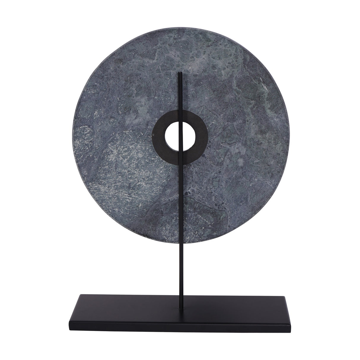 Libra Interiors Green Marble Disc Sculpture with veined green and black stone disc, central opening, on a slim black iron stem and flat plinth.