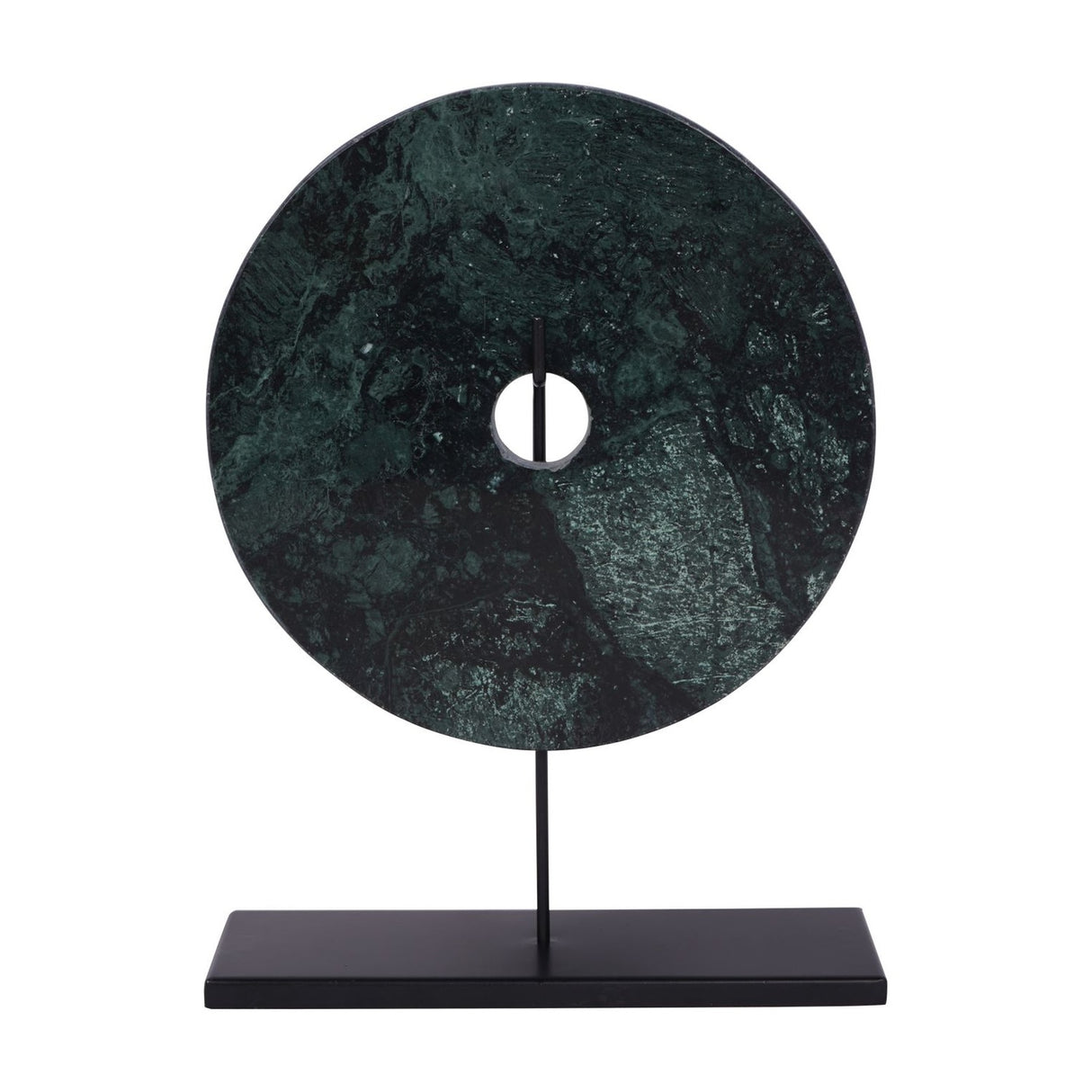 Libra Interiors Green Marble Disc Sculpture with deep green and black veined stone, small central opening, on a slim black iron stem and flat base.