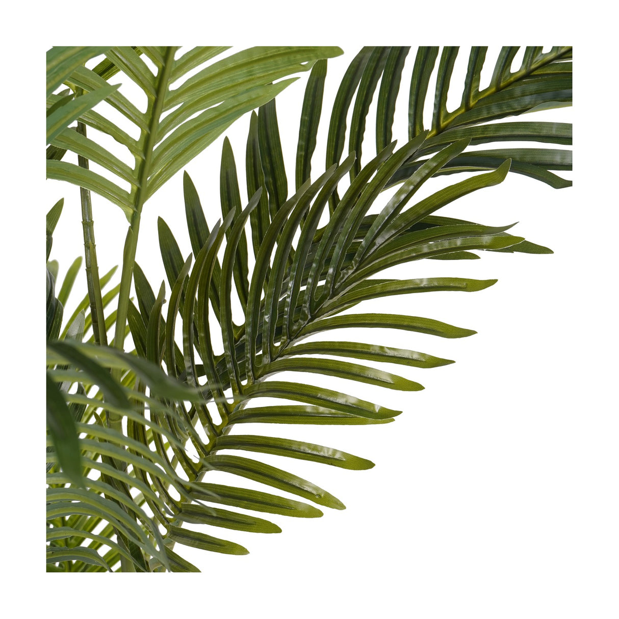 Close-up of the Libra Interiors Faux Areca Palm showing arching green polyethylene fronds with slender feathered leaves on a plain white background.