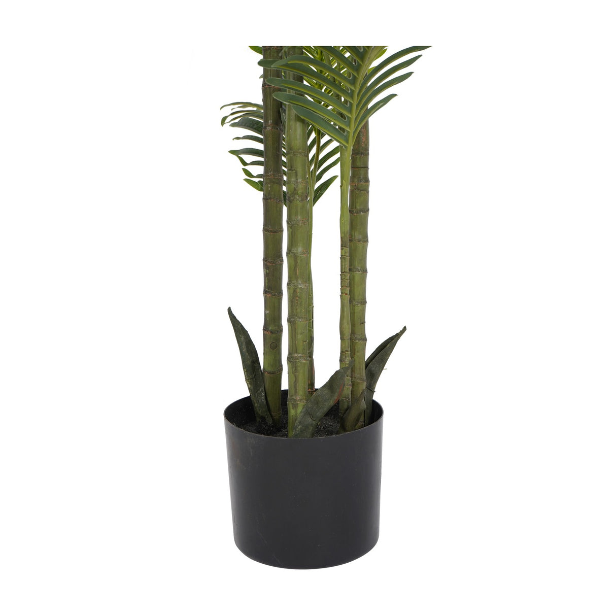 Libra Interiors Faux Areca Palm with slender green bamboo-style stems and arching fronds in a black plastic pot, shown on a plain white background.