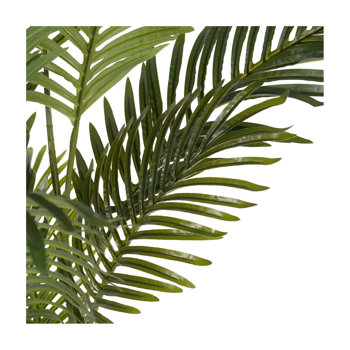 Close-up of Libra Interiors Faux Areca Palm showing arching green polyethylene fronds with slender feathered leaflets against a plain white background.