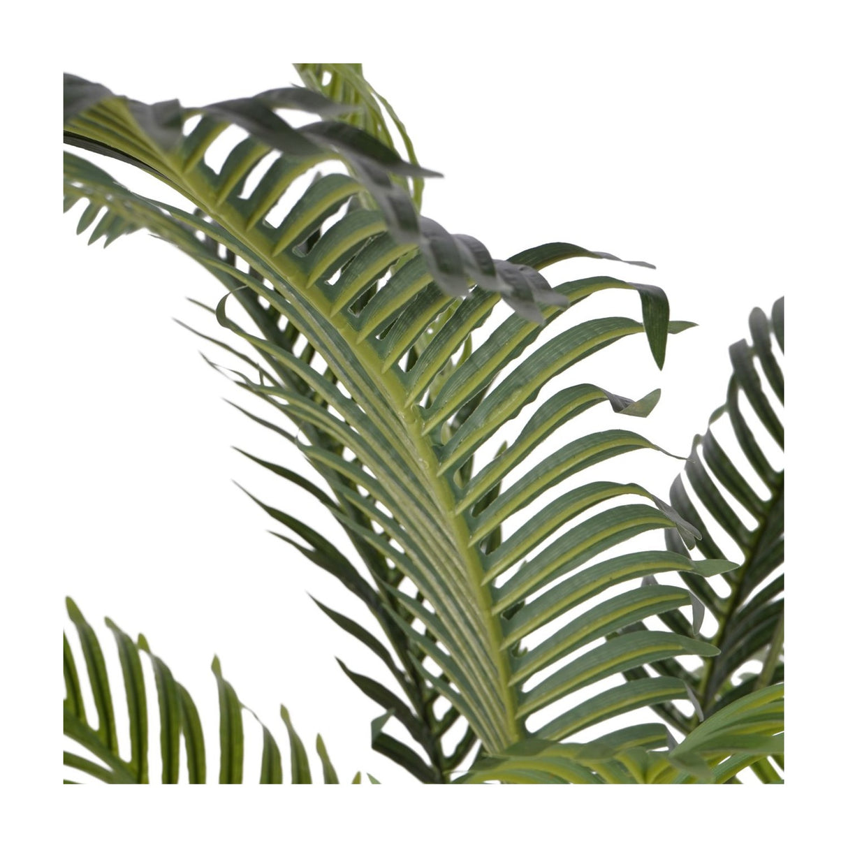 Close-up of Libra Interiors Faux Areca Palm fronds, showing arching green polyethylene leaves with fine feathered detail against a plain white background.