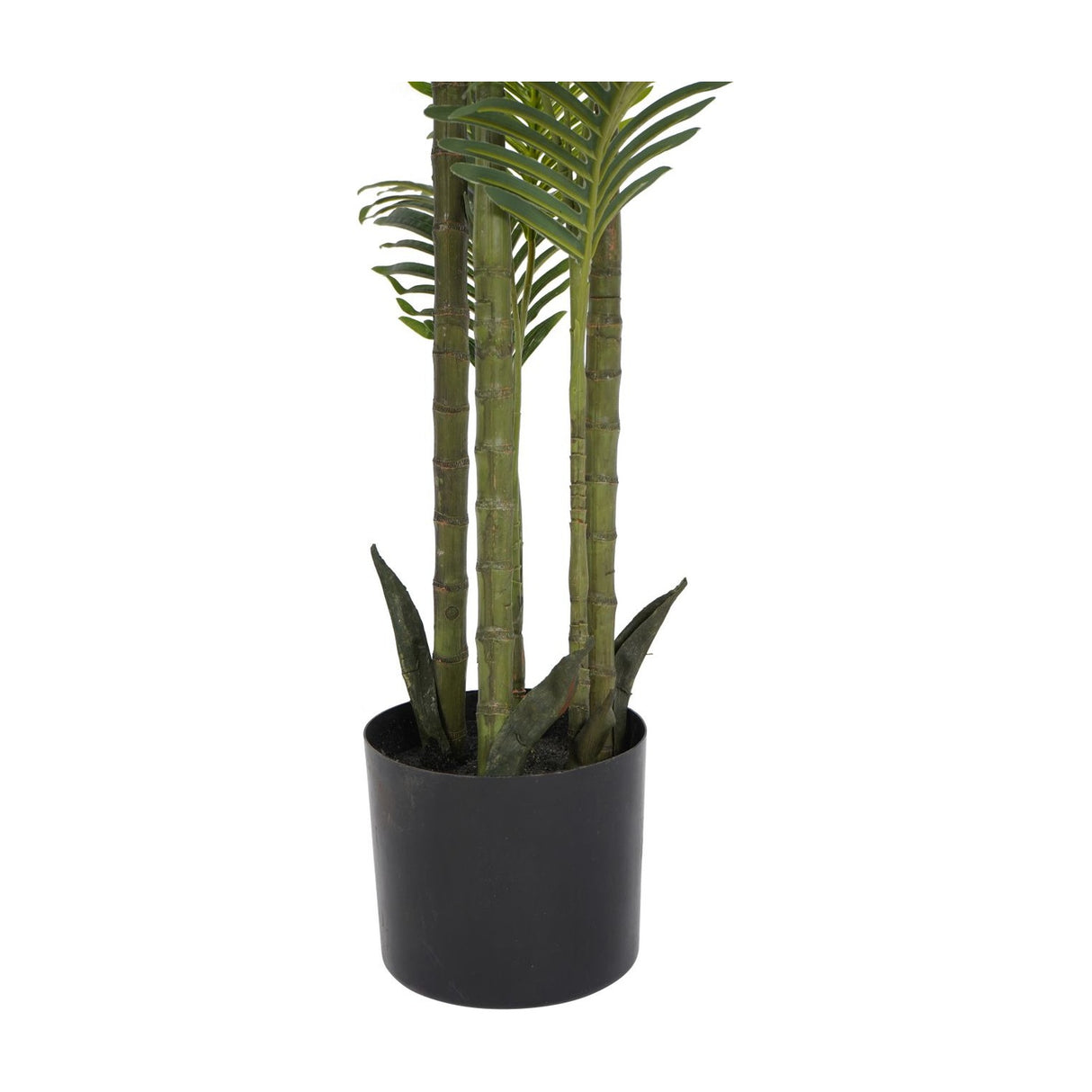 Libra Interiors Faux Areca Palm 6ft with multiple slender green bamboo-style stems and lower leaves in a black plastic pot on a white background.