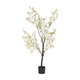 Libra Interiors Potted White Blossom Cherry artificial tree with slim brown trunk, arching branches of white blooms and green leaves in a black pot.