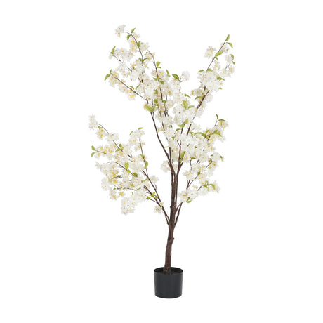 Libra Interiors Potted White Blossom Cherry artificial tree with slim brown trunk, arching branches of white blooms and green leaves in a black pot.